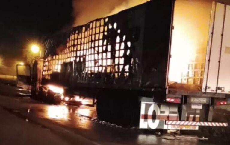 Incêndio destrói caminhão baú na BR-101 em Maruim